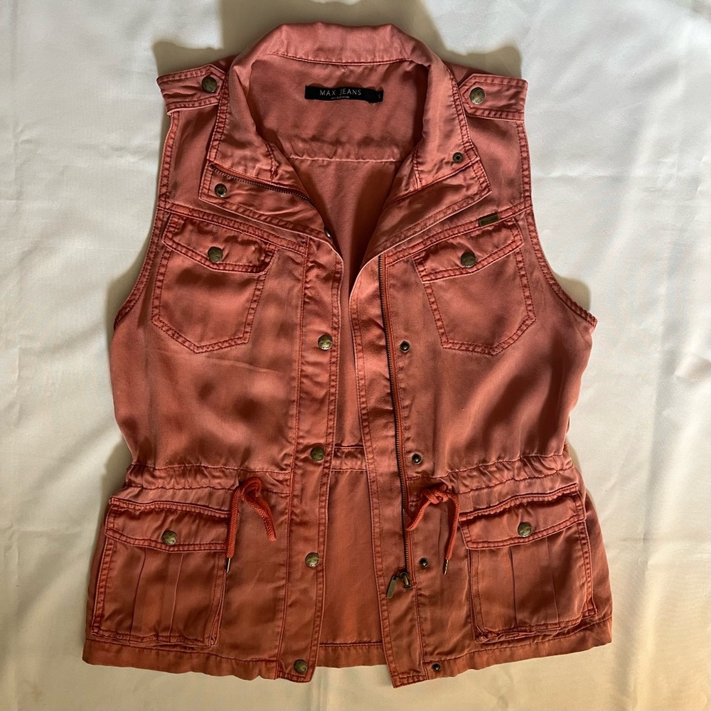 Max Jeans Military Utility Vest Drawstring 4 Front Pockets Dusty Rose Size Small - Picture 13 of 16